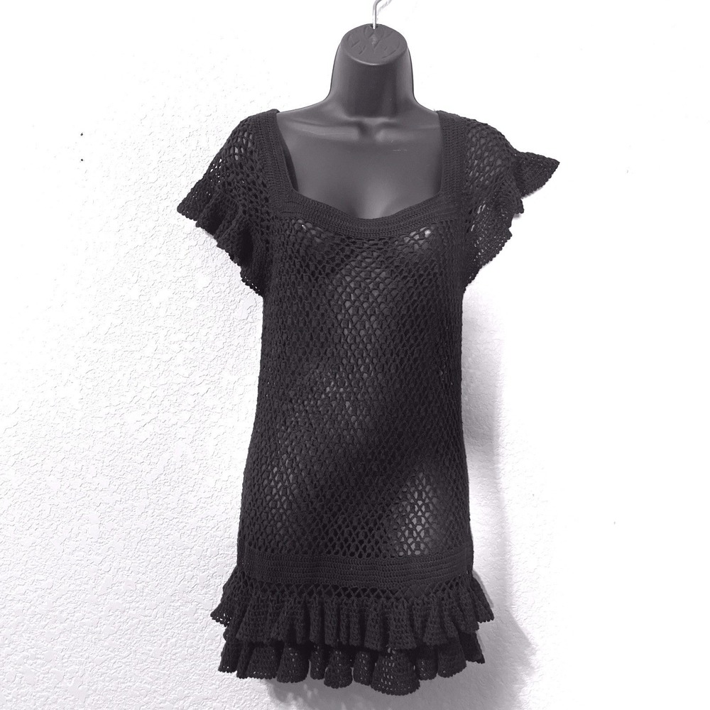 Solitaire Tunic Dress Women L Black Crochet Ruffle Sleeve Boho Beach Cover Up